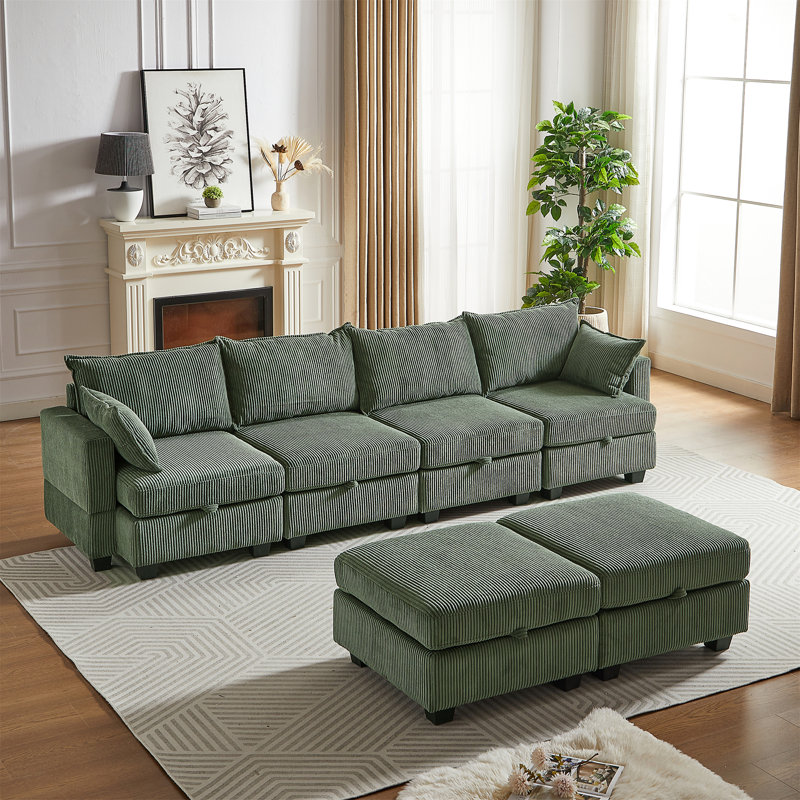 113.5'' Modular Sectiona Corduroy Sofa, Green