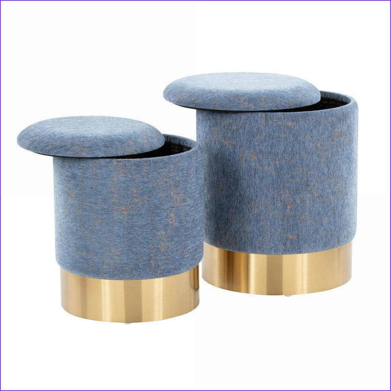 Ottomans Set of 2, Contemporary Nesting Navy Blue Plush Fabric Gold Metal Base | Gold | Metal, Blue