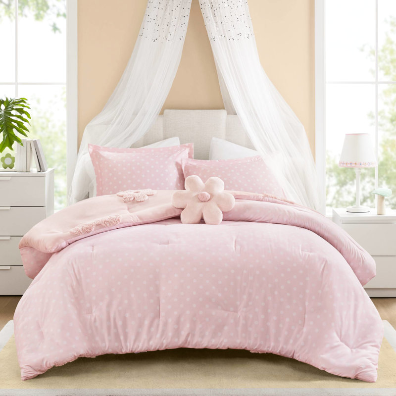Couette réversible en chenille rose à motifs floraux pour lit double/queen - Chenille, rembourrage, lavable à la machine, revers à pois.