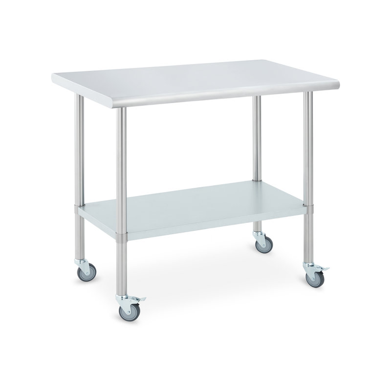Stainless Steel Work Table on Wheels, Heavy Duty Commercial Prep Table with Adjustable Undershelf and 2 Locking Castors, 430 Steel Kitchen Workbench, 24 x 30 or 48 x 24 in