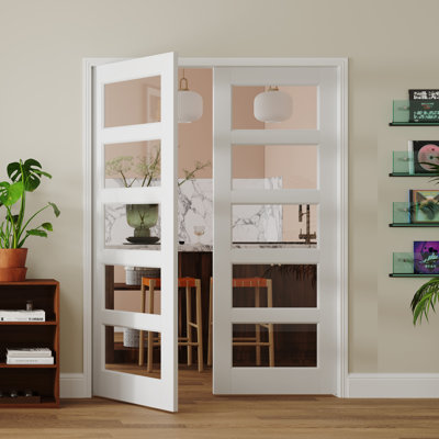 Door Slab 5 Lite Clear Glass Design Manufacture Wood White Primed Interior Franch Doors Slab (No Hinge And Installation Hardware Kit /Handles)