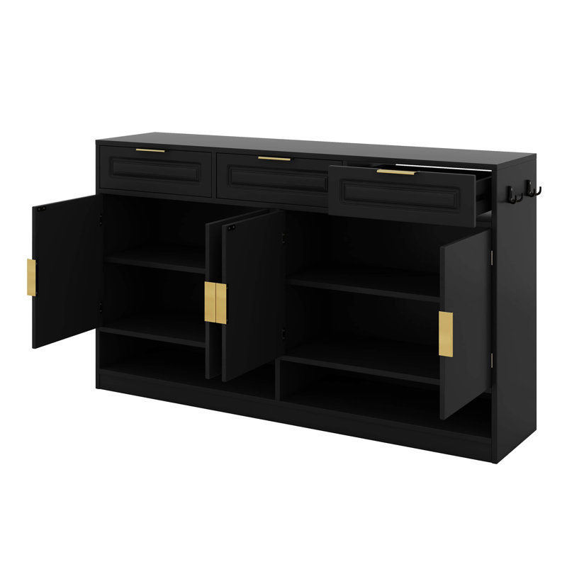 59.1" Farmhouse Sideboard Buffet With 3 Drawers & 4 Doors, Storage Cabinet With Adjustable Shelf & Open Compartments, Black
