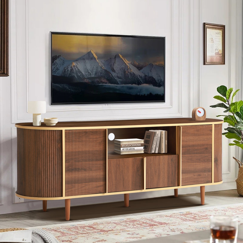 63" Fluted Tv Stand For Tvs Up To 75 Inches, Modern Entertainment Center With Cord Management, Tv Console With Adjustable Shelves And Faux Marble Top, Media Console For Living Room