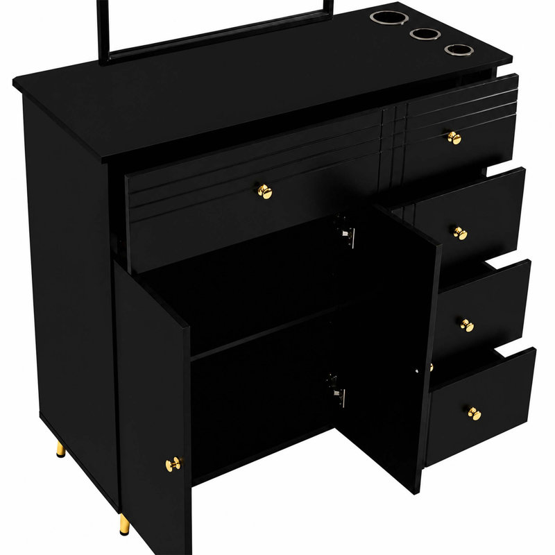 Station de salon polyvalente avec miroir à cadre en métal, 5 tiroirs et armoire de rangement pour salons de coiffure et spas de beauté