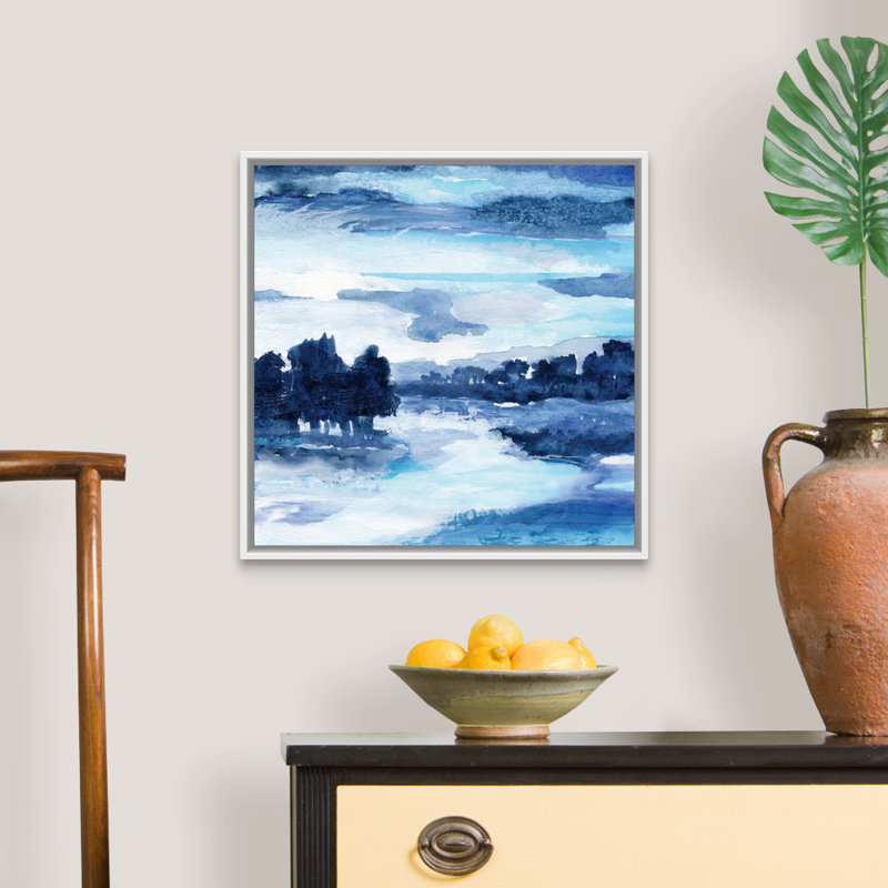 Indigo Land I - reproduction d'art sur toile, H 21,7 po x l 21,7 po x P 1,75 po, Cadre flottant blanc