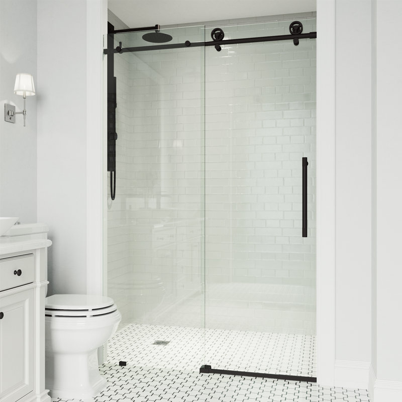 Cass 44-48" W x 76" H Sliding Frameless Shower Door with 3/8" Clear Glass, Matte Black