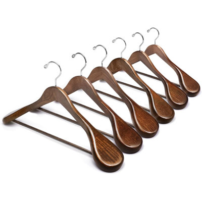 6 Pack Walnut Wide Shoulder Wooden Suit Hangers, Wood Coat Hangers with Non Slip Pants Bar, Clothes Hangers for Jackets, Sweaters, Pants , Heavy Clothes