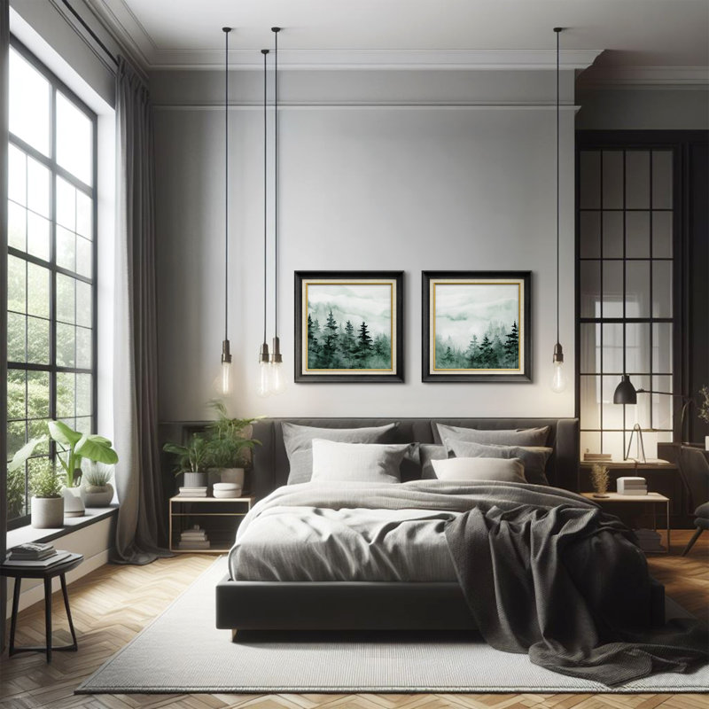 «Green Watercolor Pine Trees», ensemble de 2 brumes encadrées sur toile, H 26 po x l 26 po, Black Gallery Frame