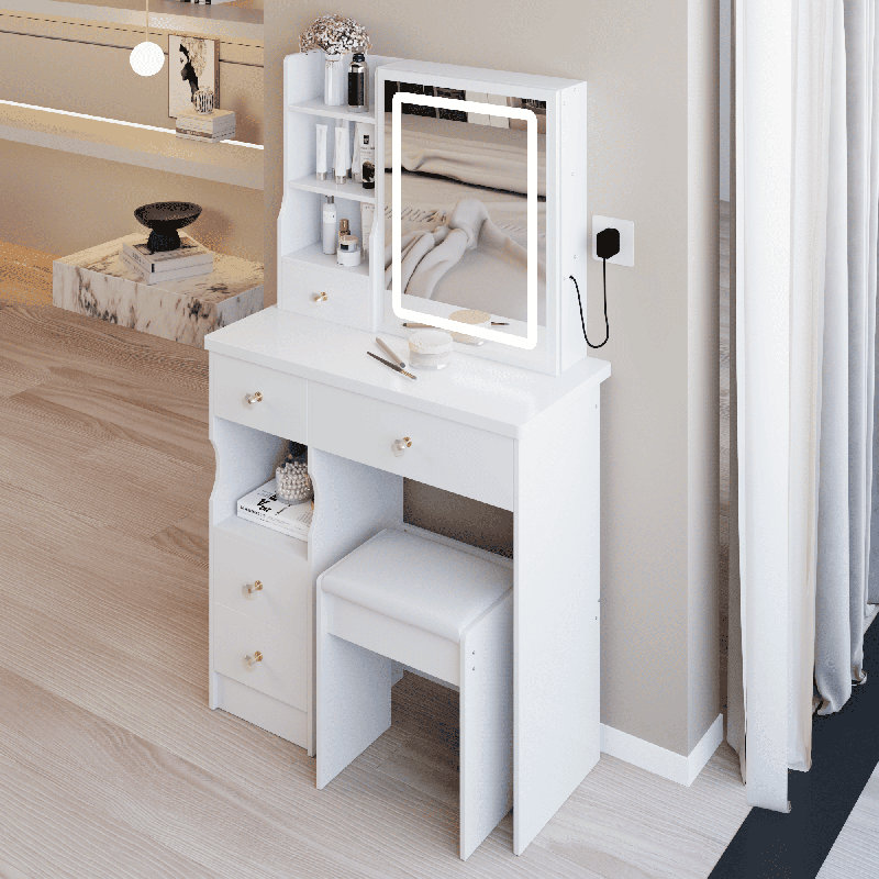 Petit meuble-lavabo de 29,2 po avec tabouret de bureau et tabouret rembourré, grand tiroir, commande tactile, interrupteur tricolore, miroir à luminosité réglable, rangement à grande capacité, convient aux petits espaces