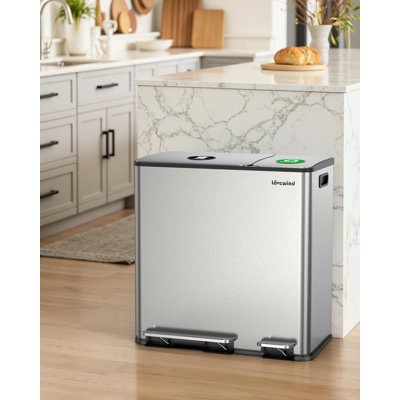 Dual Trash And Recycling Bins For Kitchen, 13.2 + 5.2 Gal (50+20l) Stainless Steel Trash And Recycle Bin Combo With Soft-close Lid, Large Garbage Cans For Kitchen Home With 2 Magnets Sticker, Silver