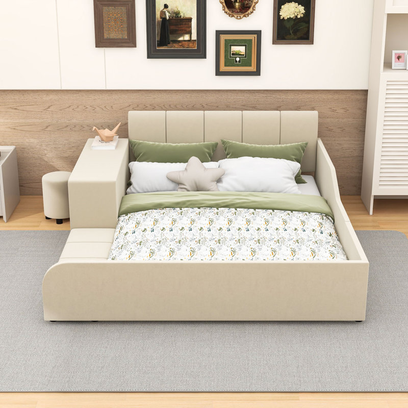 Lit plateforme tapissier luxueux en velours avec bureau, tabouret rond et rails de sécurité, Double, Beige