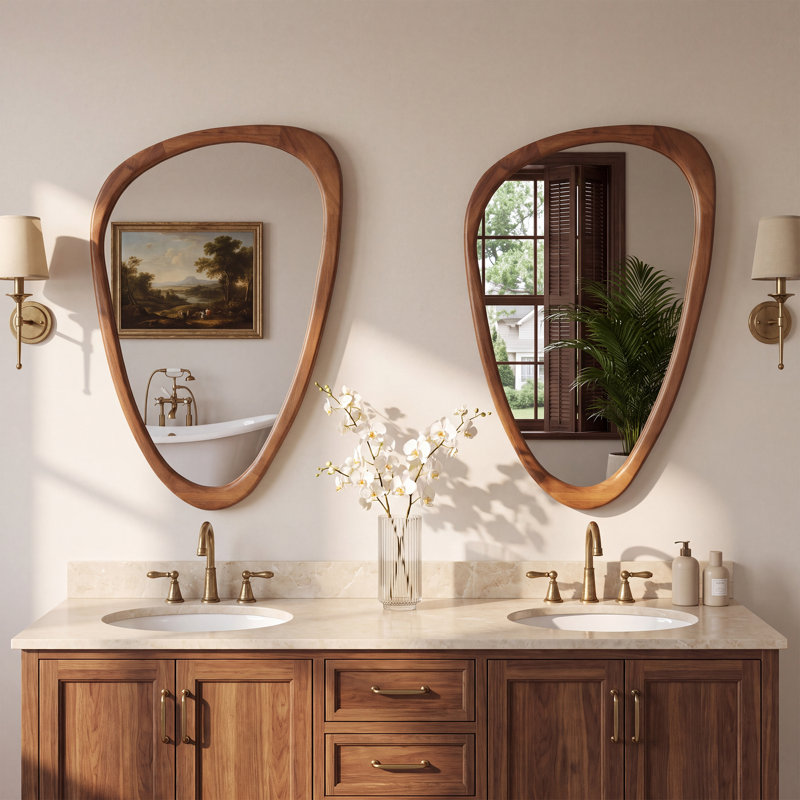 Asymmetrical Wood Framed Accent Wall Mirror, 30" x 20", Brown