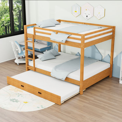 Queen Over Queen Wooden Bunk Bed With Guardrails And Trundle