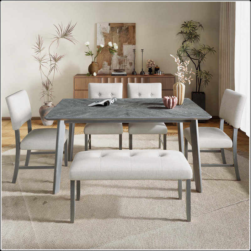Ensemble de salle à manger rustique de style campagnard avec table rectangulaire, 4 chaises rembourrées et banc, idéal pour les réunions de famille et les repas confortables
