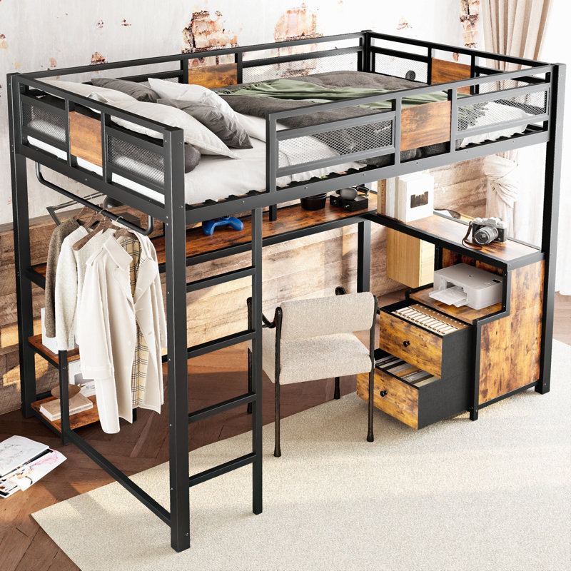 Lit mezzanine double avec bureau et tiroirs de rangement en tissu non tissé, structure de lit mezzanine en métal avec échelles