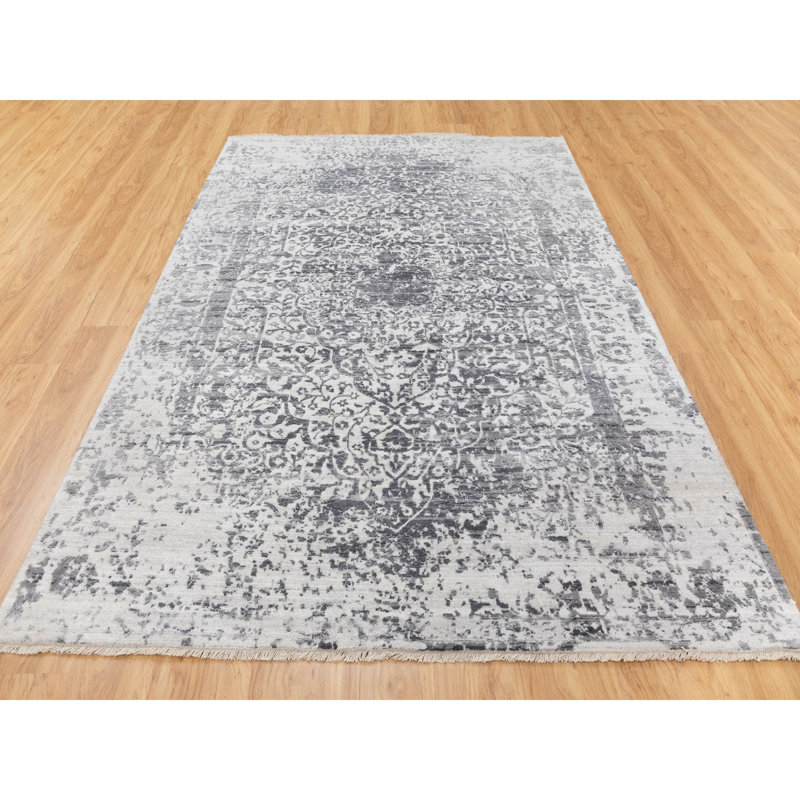 Tapis décoratif de noué à la main gris New Age de conception unique Ivoire 6 pi x 9 pi 2 po