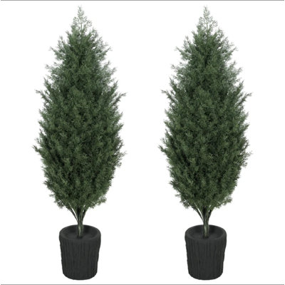 2 Pack 4ft Artificial Cedar Christmas Tree｜UV Resistant, 291 PE Branch Tips, Potted Faux Evergreen Tree for Holiday Home Patio Decoration