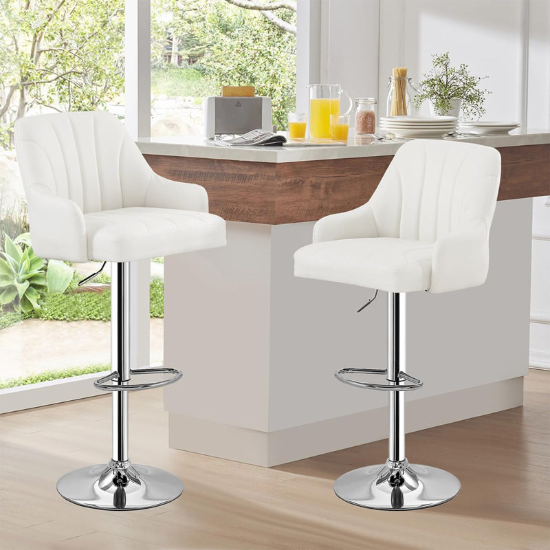 Ensemble de 2 tabourets de bar modernes pivotants à hauteur de comptoir avec dossier et accoudoirs, cuir synthétique, blanc