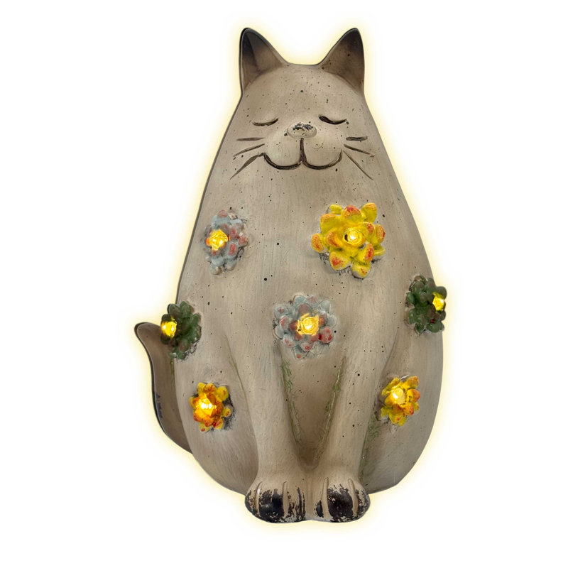 Statue de chaton et de fleur à DEL solaire de 30 cm