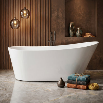 67" Glossy White Acrylic Single Slipper Freestanding Bathtub, Luxury High-Back Deep Soaking Tub with Integrated Slotted Overflow and Center Drain