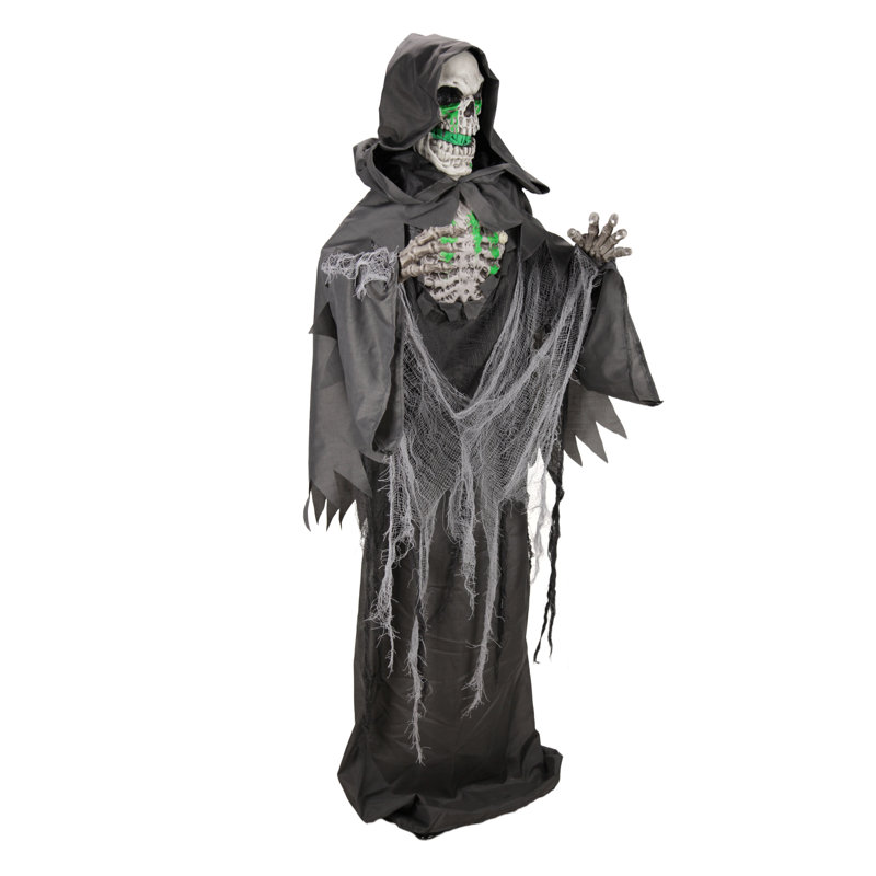 Faucheuse debout d'Halloween de 5,5 pieds avec bougie mobile et lumière DEL verte Haunted Hill Farm