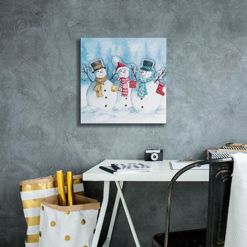  «Snowman Trio» par Elle Media Group SA, art mural 18 po x 18 po, H 18 po x l 18 po