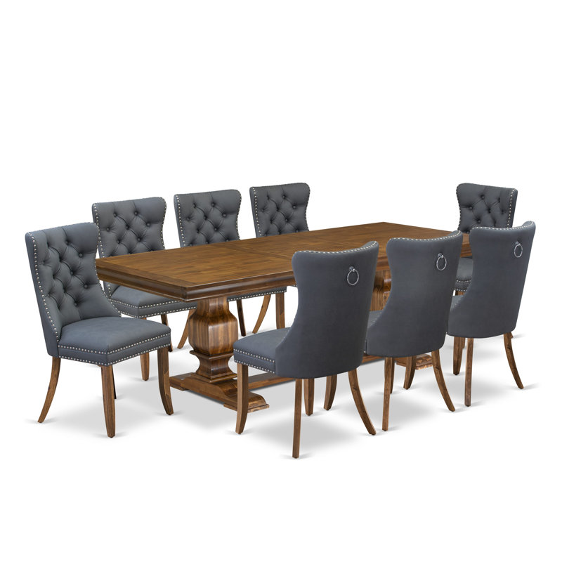 Cet ensemble de table de salle à manger 9 pièces comprend une table de cuisine et 8 chaises en tissu de polyester gris platine avec dossier capitonné - Finition noyer antique