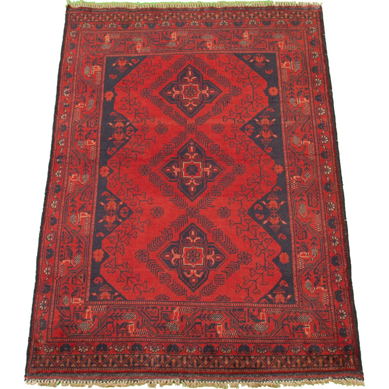 Tapis de zone en laine rouge 3 pi 2 po x 4 pi 11 po à main one-of-kind-noué la 2010s esari turque Allaina