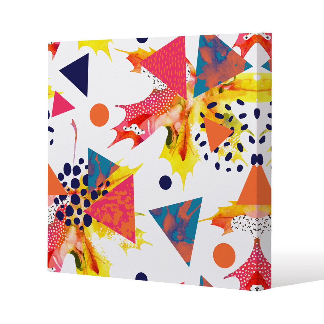 Maple Leaves & Geometric Patterns Slim Style Canvas Print , 15mm Slim Real wood.