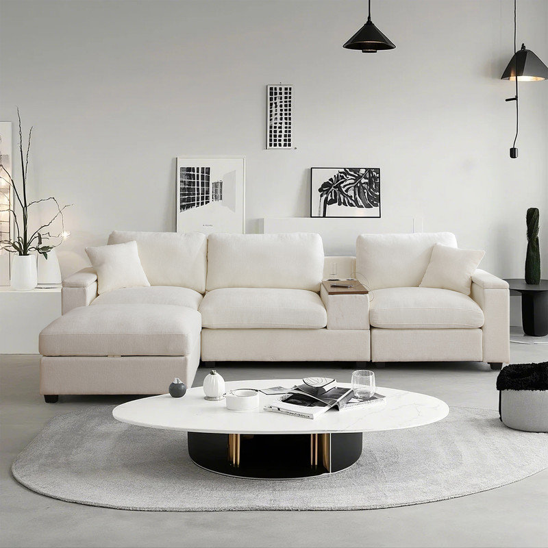 Sectional Sofa Free Combination Couch with Console and Storage Ottoman, Beige Linen