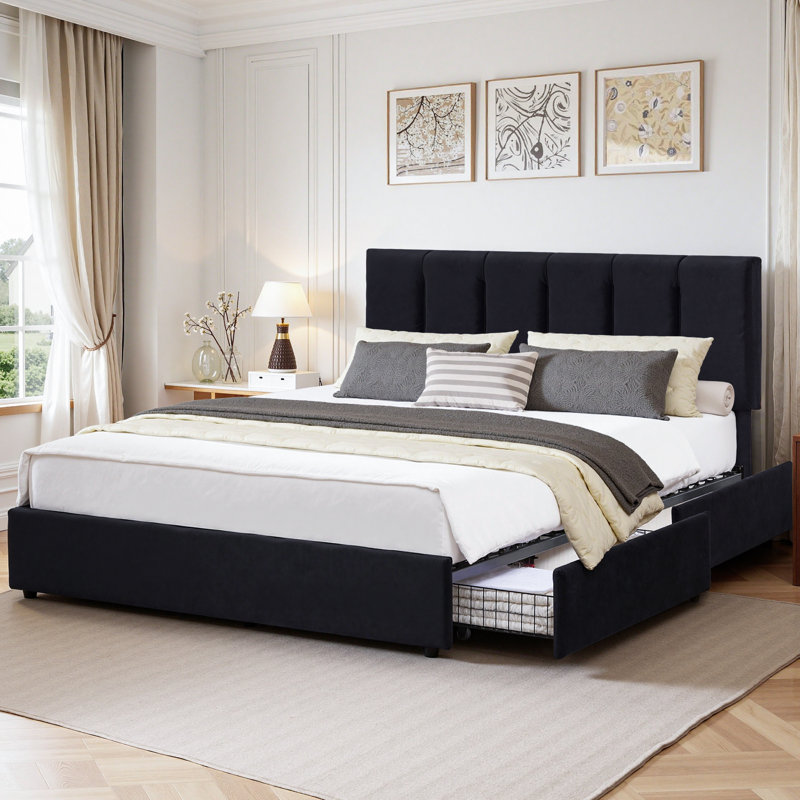 Orwhin Bed Frame 4 Drawers Storage, Upholstered Bed Frame with Velvet Adjustable Headboard Queen Full King Size Platform Bed Wood Support