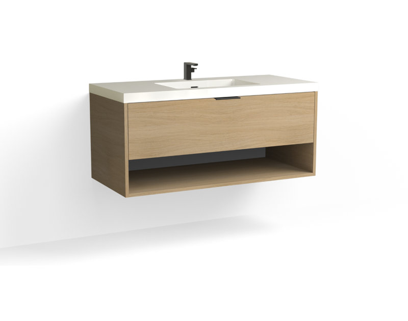 Modo 48" W Wall Mounted Single Bathroom Vanity, Glossy White/Single, Nocino, Satin Brass