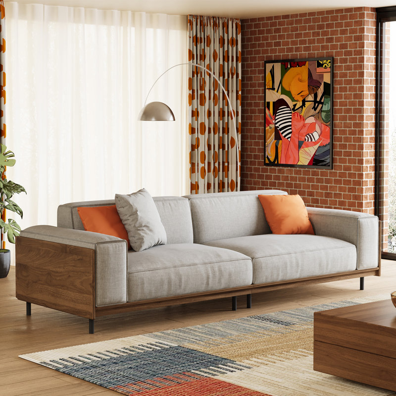 82.67 Inch Mid Century Modern Sofa 3 Seater Wood Frame Couch with Removable Washable Covers and 3 Throw Pillows Deep Seat Furniture for Living Room Apartment Office Grey