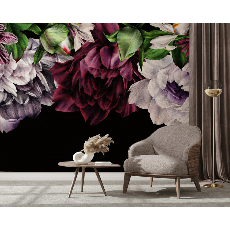 Papier peint pivoine foncé noir / bourgogne / mauve, L 114,96 po x l 225 po