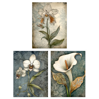 Elegant Single Calla Lily Orchids Flowers Art Deco Style - 3 Piece No Frame Print Set