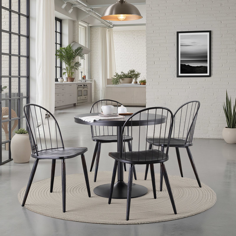Ensemble 5 pièces de salle à manger en métal noir et bois de style industriel, avec hauteur fixe et base