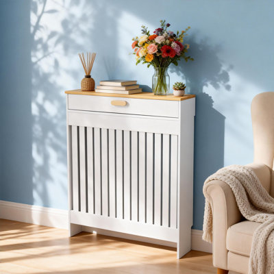Modern Radiator Cover with Drawer White Slatted MDF Heater Cabinet with Natural Wood-Textured Top
