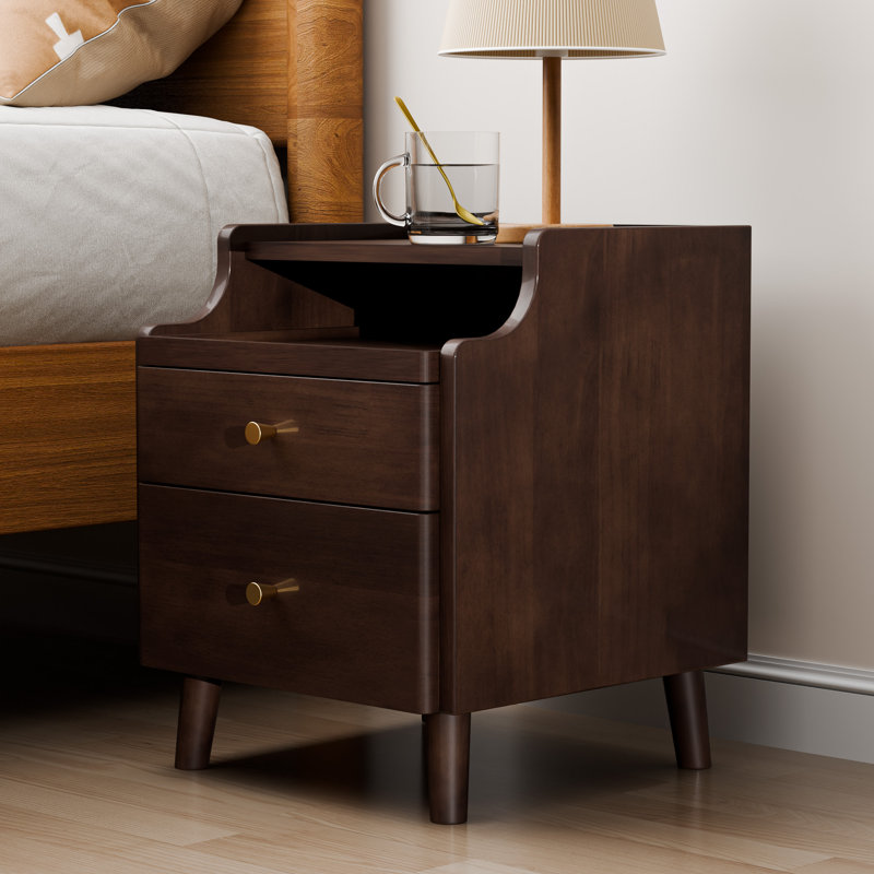 Nightstand with Drawers, Pre-Assembled, Natural Solid Wood Night Stand with Open Sliding Shelf, Black Walnut