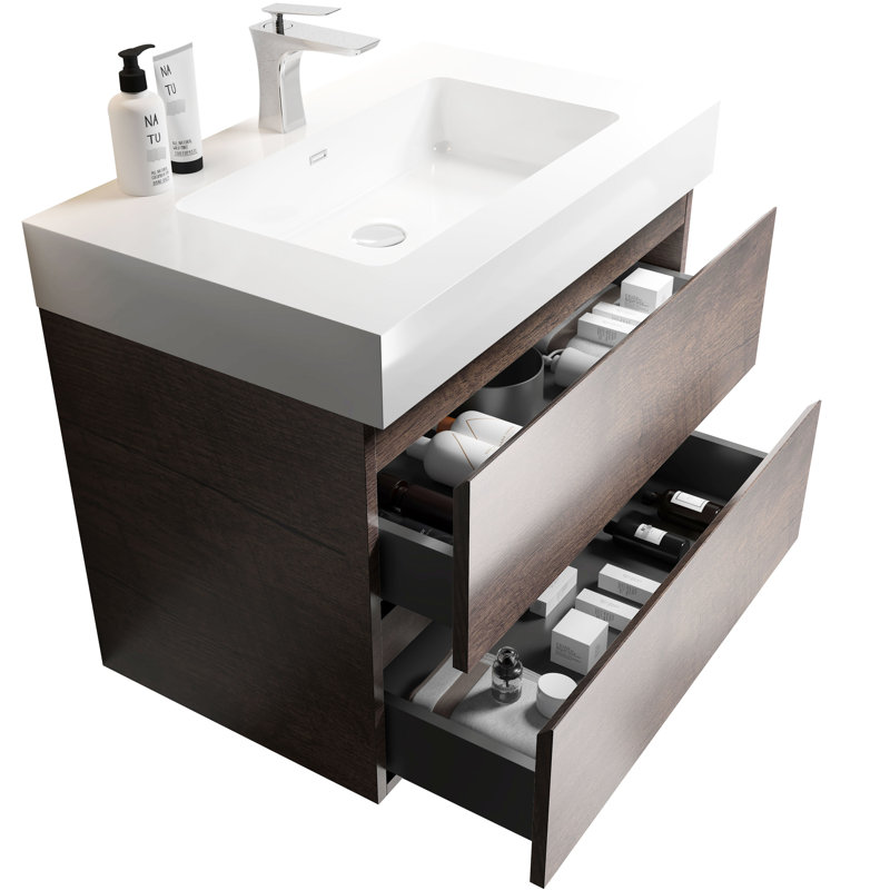 Bathroom Vanity 30" Walnut - Sink, Max Storage, Silent Smooth, White Basin, Fashionable Furniture Modern Design, Walnut