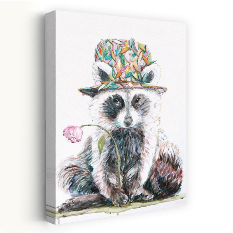 Raton laveur enchanté, art floral contemporain fantaisiste et forêt, H 24 po x l 16 po