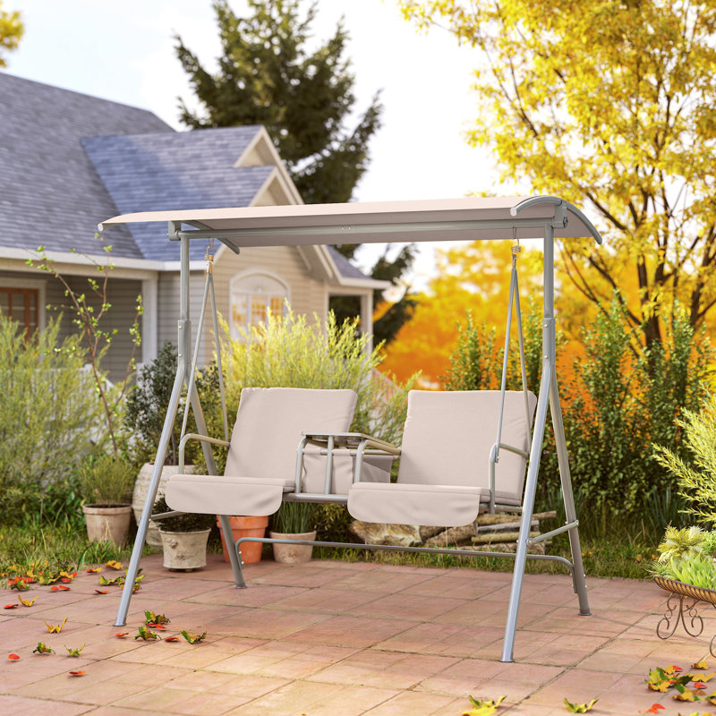 Balancelle double d'extérieur avec table pivotante et rangement, beige