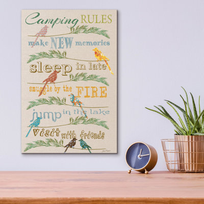 «Camping Rules White Fabric Birds» par Jean Plout, art mural en verre acrylique, 12 po x 16 po
