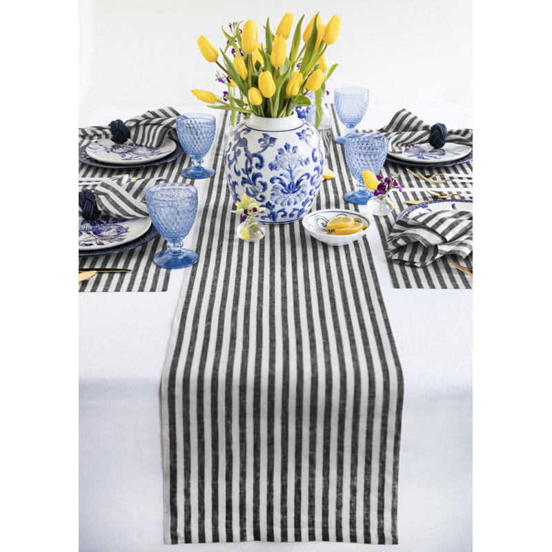 Amalfi Stripe - 100% Pure Linen Table Runner, 72" x 14", Black/White