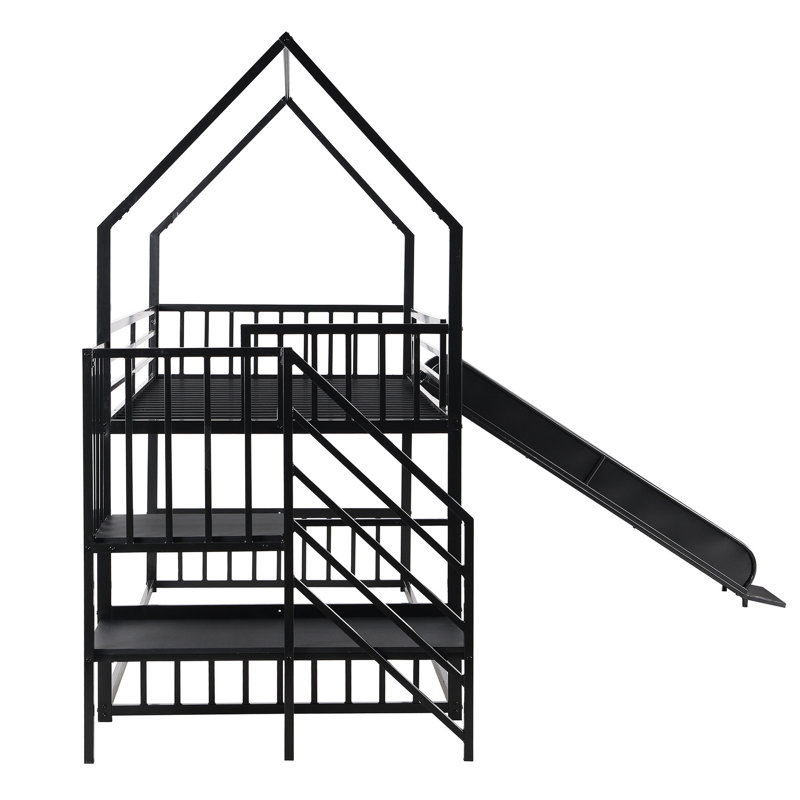 Lit superposé en métal avec lits simples noirs, glissade et escalier pour escalier «Delight» noir, ajoutant du charme à votre chambre à coucher