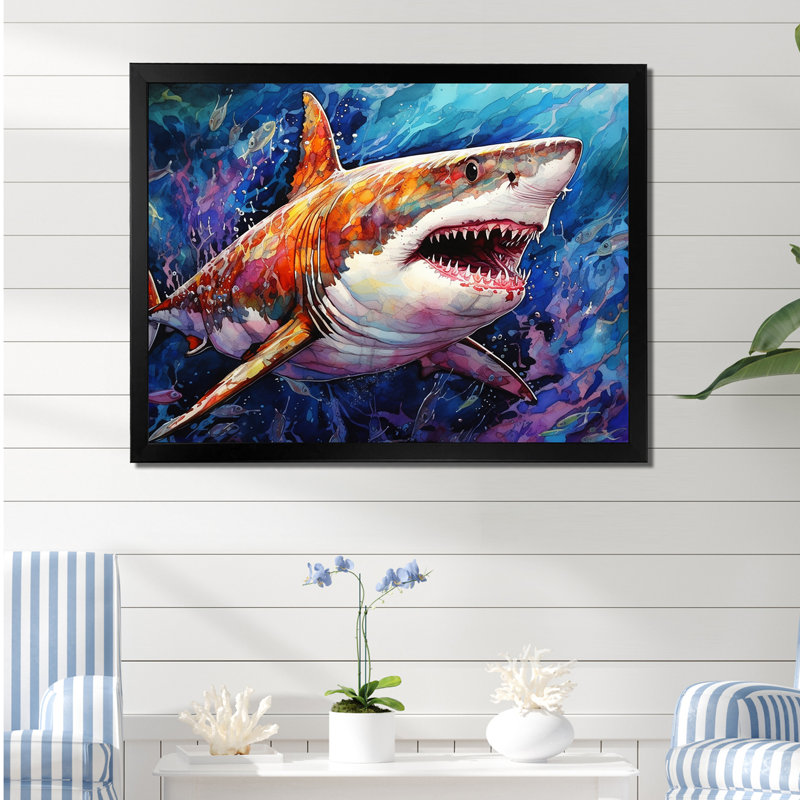 " Shark Haven Under Water Painting II ", Black Single Picture Framed, 34" H x 44" W x 1.5" D