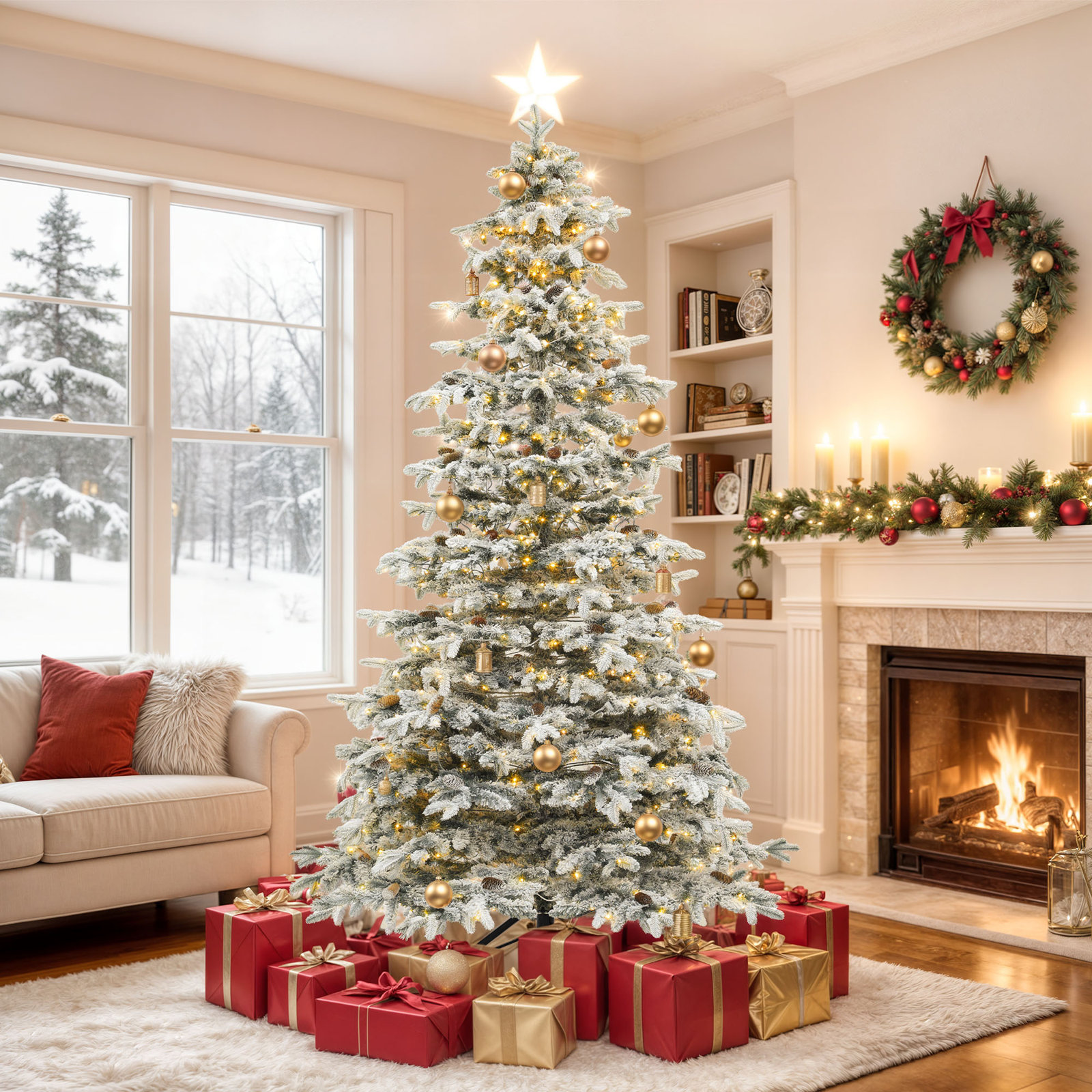 Slim Frosted Pre-Lit Spruce Christmas Tree, 9'