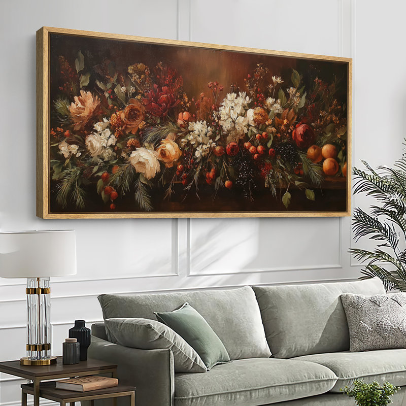 Large Framed Canvas Print Wall Art - Moody Floral Print for Dark Academic Holiday Decor, 30" H x 60" W, Natural