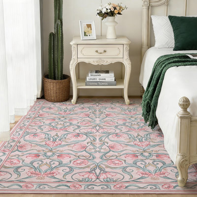 Area Rug, Floral Washable Rugs, Modern Style, Non-Slip Low-Pile Soft Floor Carpet for Bedroom, Living Room, Dining Room