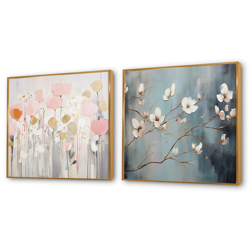 White Botanical Elegance - Ensemble de 2 collages carrés botaniques abstraits, H 16 po x l 33 po, Cadre flottant doré
