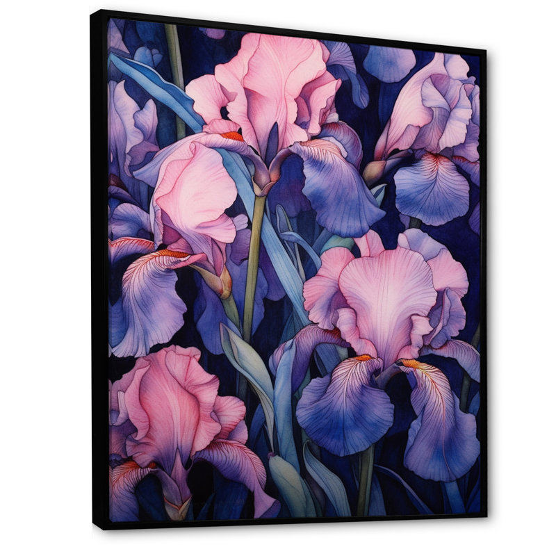 Rose, bleu, iris et pétale I, H 44 po x l 34 po x P 1,5 po, Cadre flottant noir